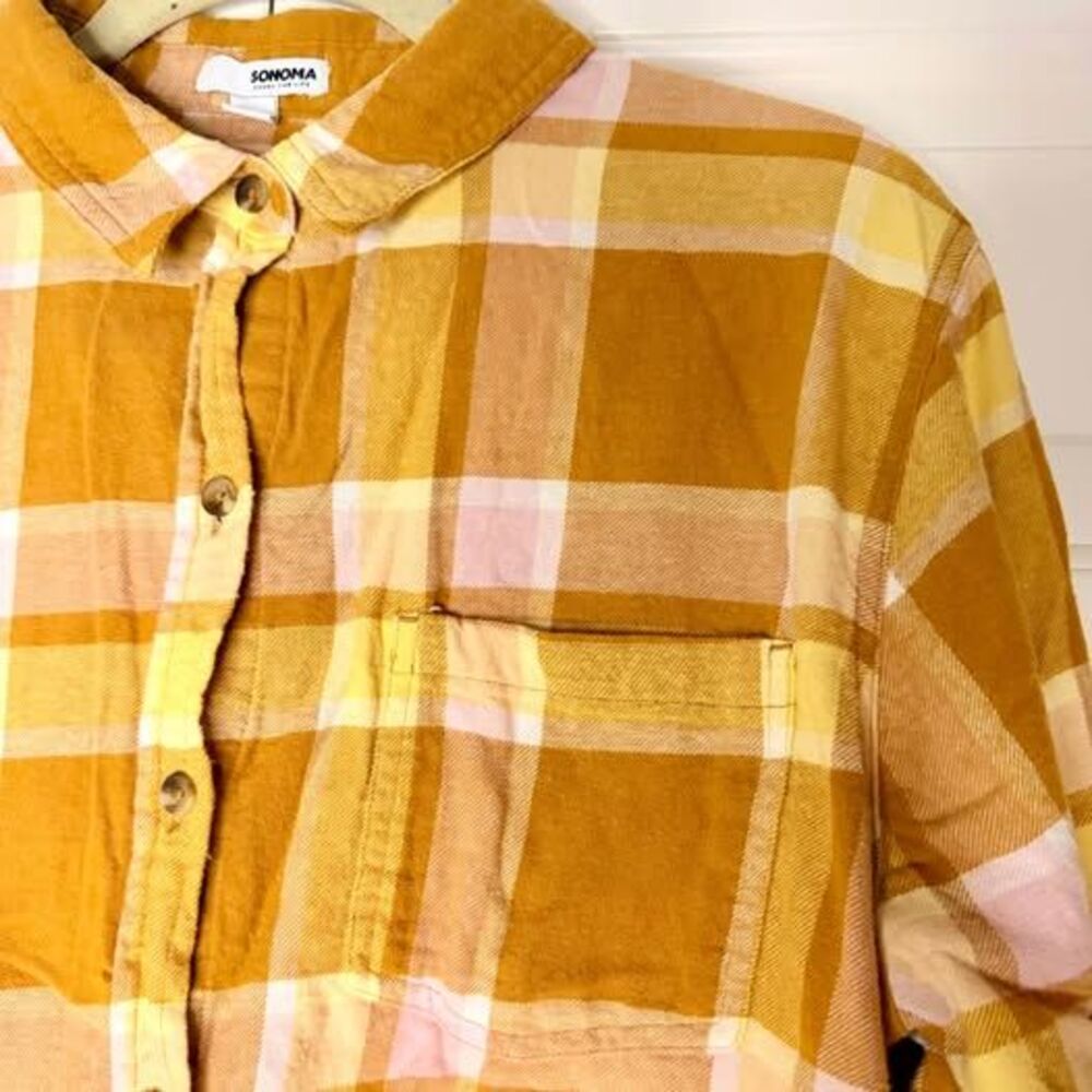 Sonoma Goods For Life XL Mustard Pink Plaid Flannel Boyfriend Shirt - Picture 3 of 5